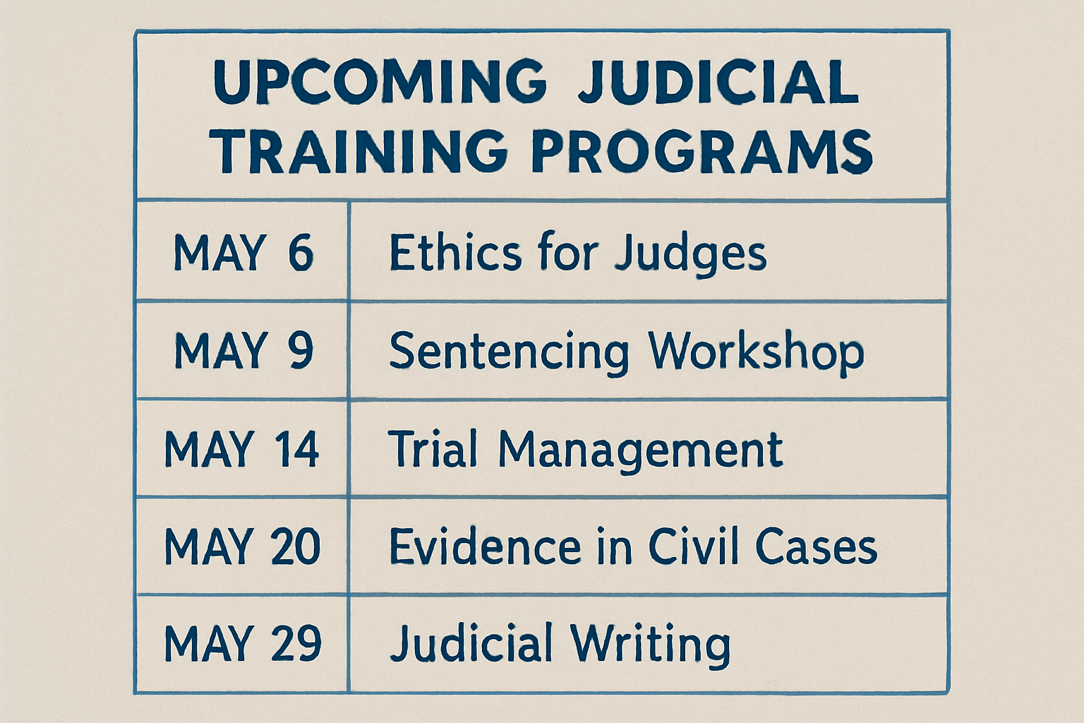 Calendar showcasing upcoming judicial training programs